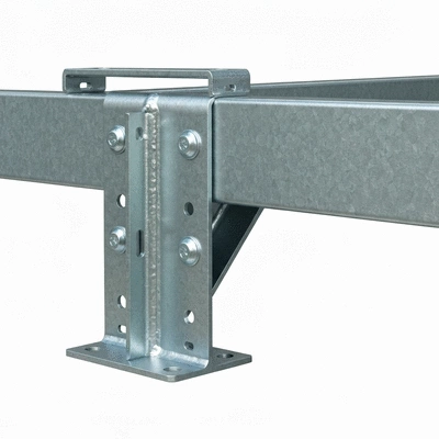 Detail of a galvanized steel support bracket for an outdoor HVAC unit, showing secure attachment points and weather resistance, no text, no words, no typography, clean image