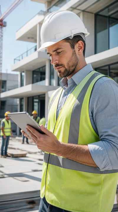 Architect reviewing safety plans on a construction site with workers in the background