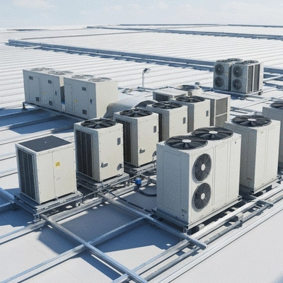 Syst&egrave;me de supportage sans ancrage sur une toiture, avec des &eacute;quipements HVAC install&eacute;s.
