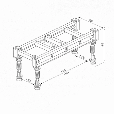 Technical drawing showing the dimensions and materials of a Big Foot kit, with a focus on steel galvanized parts and adjustable feet, no text, no words, no typography, 8K