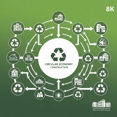 Schéma illustrant l'économie circulaire avec des flèches et des icônes représentant le recyclage, la réutilisation et la réduction des déchets.