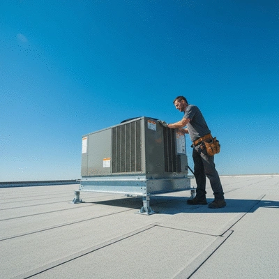 Professional installing Big Foot self-supporting system for HVAC unit on a flat roof