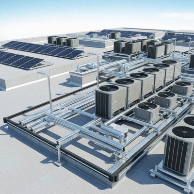 Syst&egrave;mes de supportage Big Foot install&eacute;s sur une toiture technique