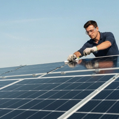 Close-up on rooftop photovoltaic system undergoing maintenance