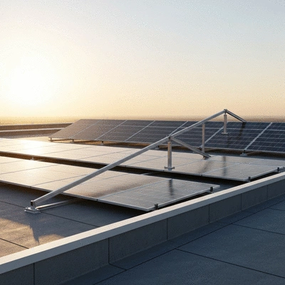 Système de supportage Big Foot pour panneaux solaires sur une toiture plate, installation propre et moderne, au lever du soleil