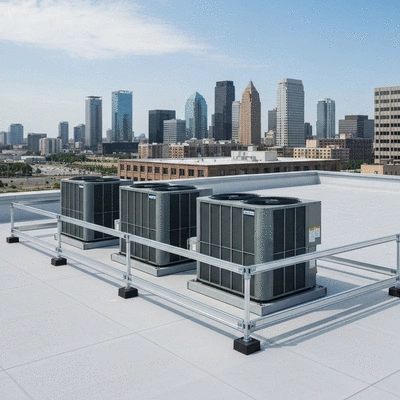 Overview of HVAC units on a rooftop, supported by Big Foot anti-vibration pads and aluminum rails