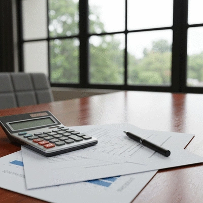 Calculatrice et documents sur une table, symbolisant l'analyse économique et environnementale
