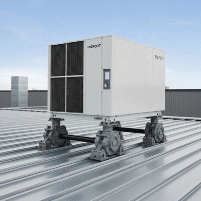 Modern HVAC unit on a rooftop with Big Foot supports, clean industrial background, no text, no words, no typography