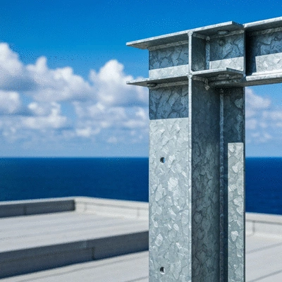 Close-up of a galvanized steel support structure on a flat roof, demonstrating corrosion resistance