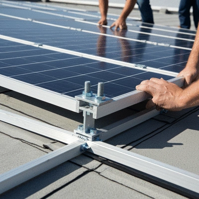 Close-up view of Big Foot solar panel mounts being installed on a flat roof, showing durable materials and secure attachment, no text, no words, no typography, clean image
