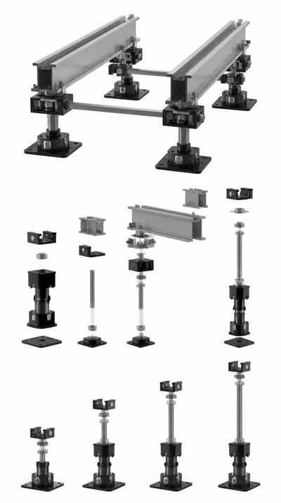 Detailed technical drawing or 3D render of BigFoot Supportage system components