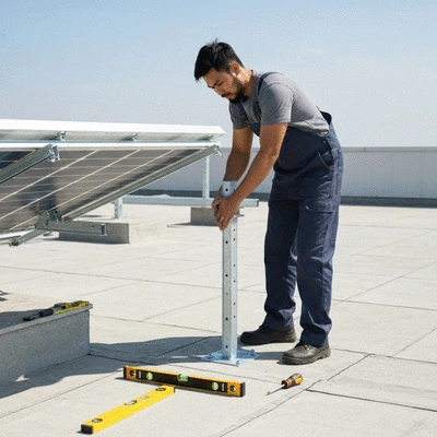 Professional installing Big Foot photovoltaic support with tools