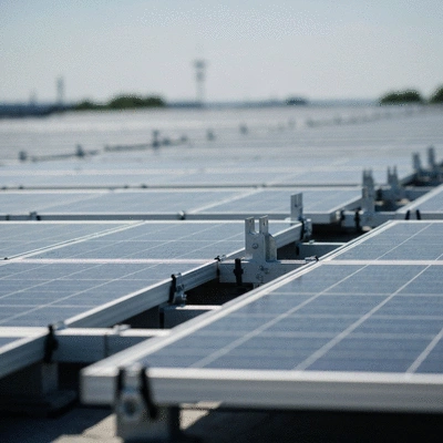Close-up of modular roof support components on a flat roof with solar panels, industrial setting, no text, no words, no typography, 8K