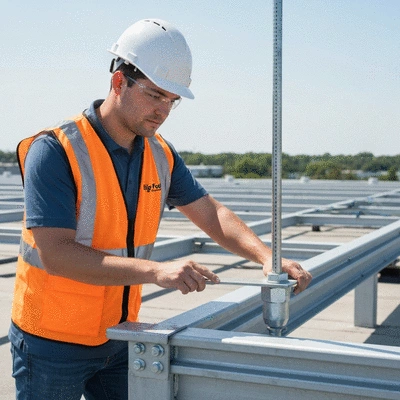 Engineer inspecting the installation of Big Foot threaded rods on a commercial rooftop, ensuring compliance with DTU standards, with a focus on safety and structural integrity, no text, no words, no typography, clean image