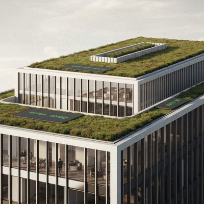 Architectural rendering of a modern building with a green roof and Big Foot protection mats visible