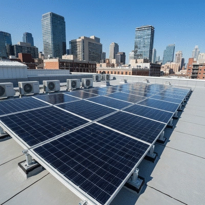 Toit plat avec des panneaux photovoltaïques installés sur des supports Big Foot et des unités de climatisation, environnement urbain, ciel clair