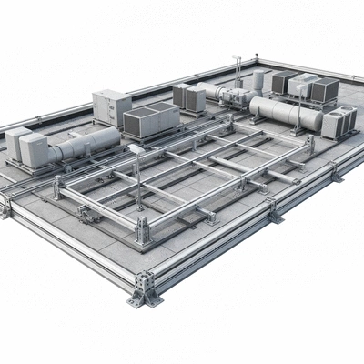 Un système de supportage Big Foot installé sur un toit technique avec des équipements, mettant en évidence l'installation sans perçage et les matériaux durables.
