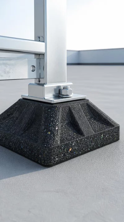 Gros plan sur un support Big Foot sur une surface de toiture, mettant en valeur la texture du caoutchouc recycl&eacute; et les propri&eacute;t&eacute;s de r&eacute;partition de la charge